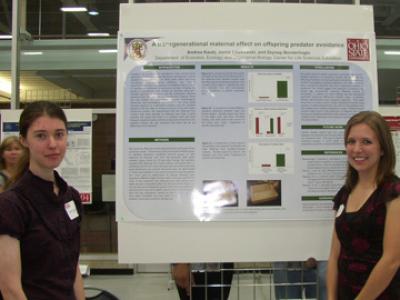 Andrea Kautz, Jaime Liszkowski in front of research poster at Denman Undergraduate Research Forum