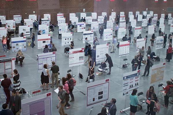 bird's eye view of research posters and presenters at Denman
