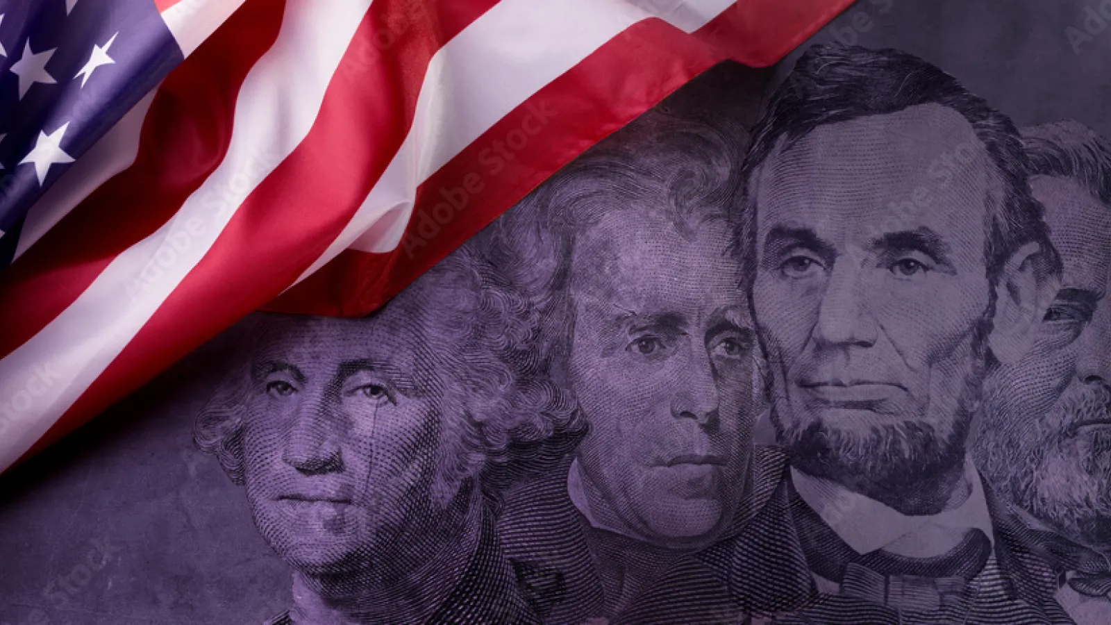 4 presidents in blue & white rendering with American flag waving in top left corner