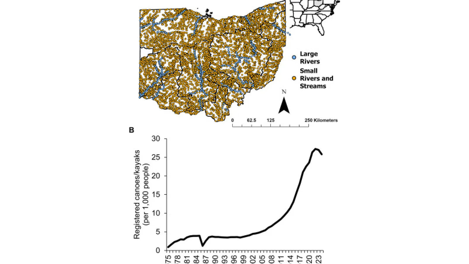 Locations of fish sampling in Ohio and the number of registered canoes and kayaks per capita in Ohio