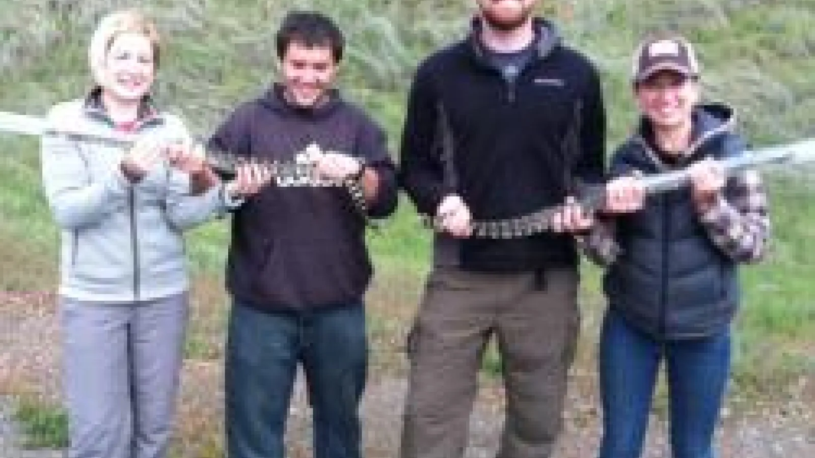 matt holding and 3 students hold 2 large snakes