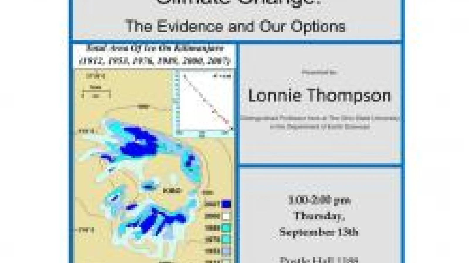 Lonie Thompson's presentation poster showing ice on Mount Kilimanjaro in Tanzania