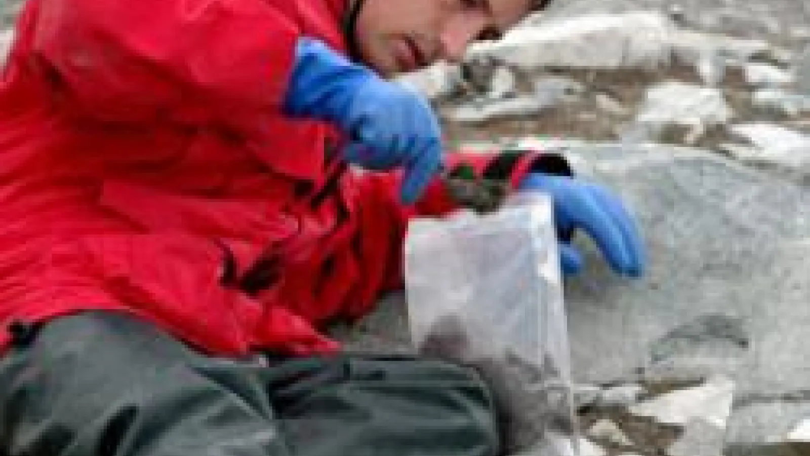 Nick Teets sitting on rocks collecting samples in the Antarctic