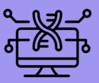 black line drawing of computer and chromosome on purple background