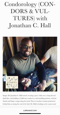 Jonathan Hall holding California Condor for Allie Ward's Ologies podcast ad