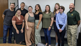 Jim Hood, Stu Ludsin, Kylee Wilson and Hannah Moore with REU students and Joe Conroy