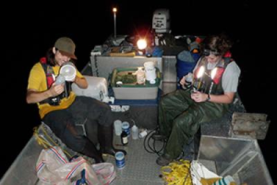 Evan & Becca collecting samples on boat in the dark