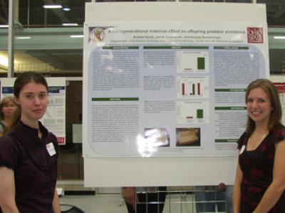 Andrea Kautz, Jaime Liszkowski in front of research poster at Denman Undergraduate Research Forum