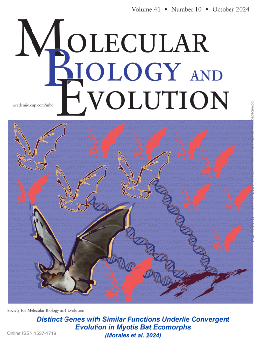 Molecular Biology and Evolution cover with bat artwork. 