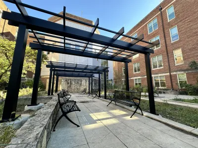 view from below of trellises in Jennings courtyard after installation in 2025