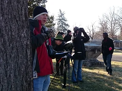 students in Ohio Birds observing birds on field trip