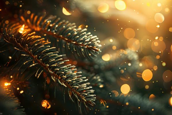 closeup of spruce branches decorated with gold lights in the snow