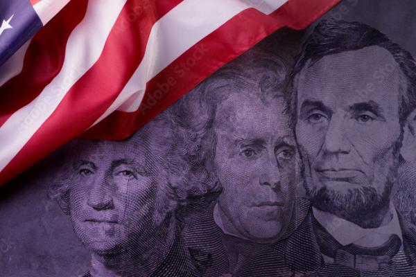 4 presidents in blue & white rendering with American flag waving in top left corner