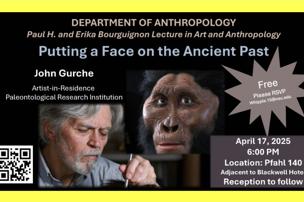 flier for John Gurche talk with closeup of Gurche working in studio and closeup of reconstructed face