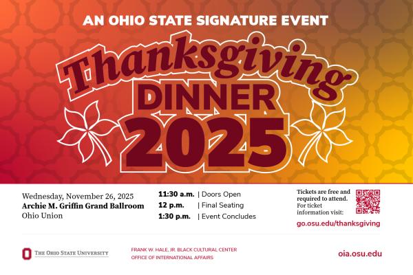 Hale and International Affairs graphic card showing date, time, and location for Thanksgiving dinner. All information listed in posting.