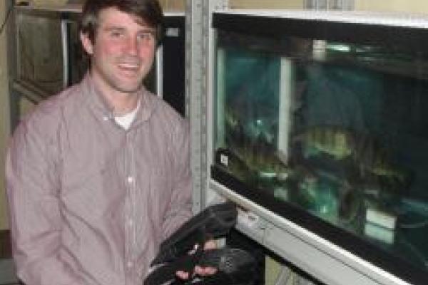 Troy Farmer standing next to tank with yellow perch