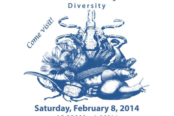 Open House 2014 graphic with blue images of organisms on white background
