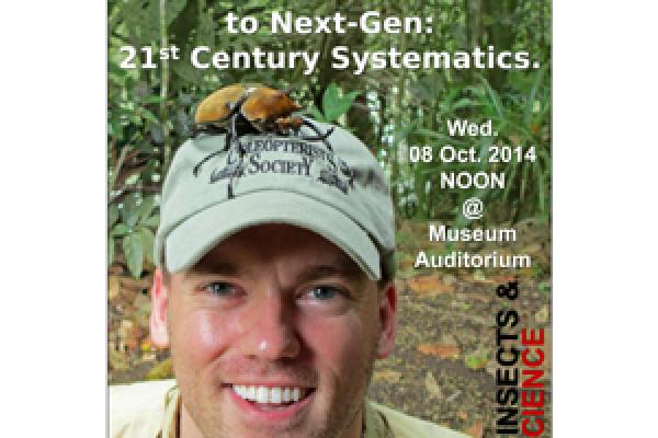 flyer for Nathan Lord's talk which features the speaker wearing a ball cap with large beetle on top