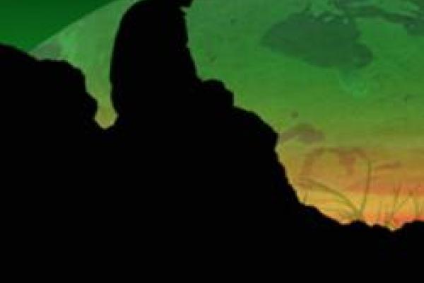 foreground shows silhouette of person sitting on rock viewing sunrise that progresses from yellow and orange to emerald green