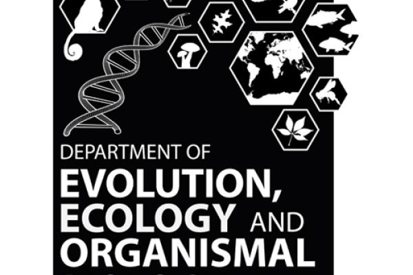 old EEOB graphic on black background showing hexagons filled with various organisms and arced strand of DNA reaching toward them