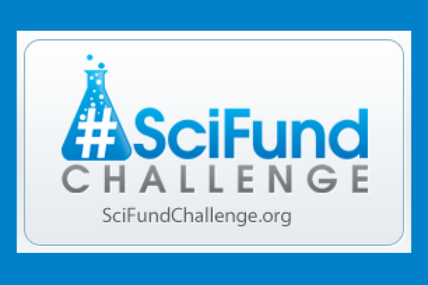 SciFund challenge logo in blue and gray font on white background surrounded by blue box