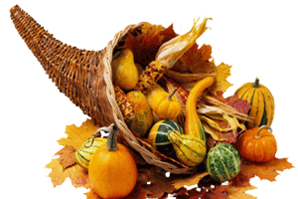 Clipart of grapevine cornucopia holding several varieties of squash over colorful fall leaves
