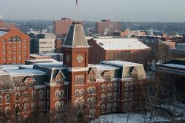 aerial view of University Hall on snowy winter day