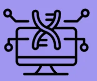 black line drawing of computer and chromosome on purple background